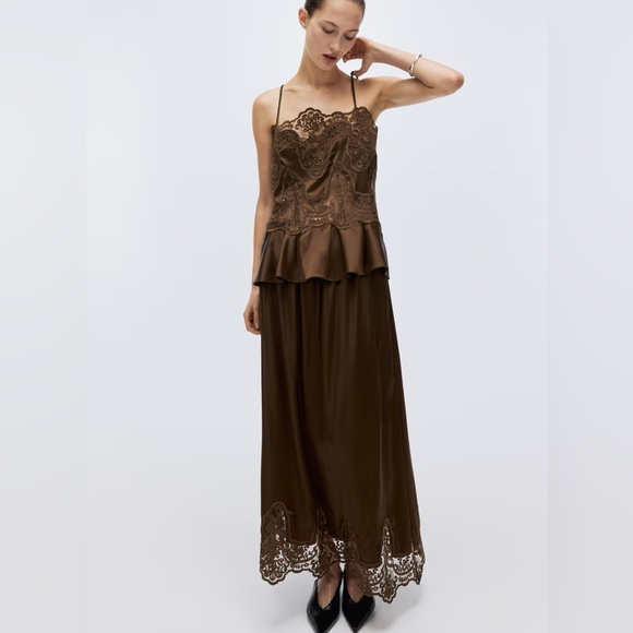 H&M lace detail Camisole Top satin dark brown size small NWT - Picture 2 of 9
